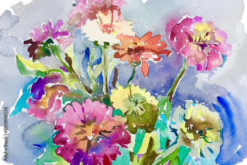 A vibrant watercolor painting captures a bouquet of colorful zinnias in full bloom. The flowers are rendered with expressive brushstrokes, showcasing a range of hues from deep purples to bright pinks.