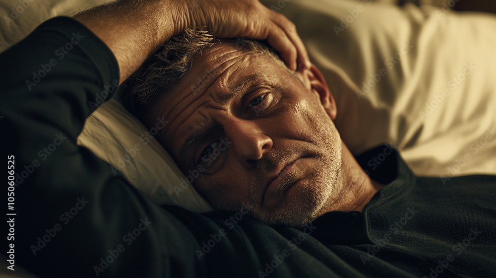 Fototapeta premium A man lying in bed looks contemplative and troubled during the night, reflecting on his thoughts and emotions in a quiet room