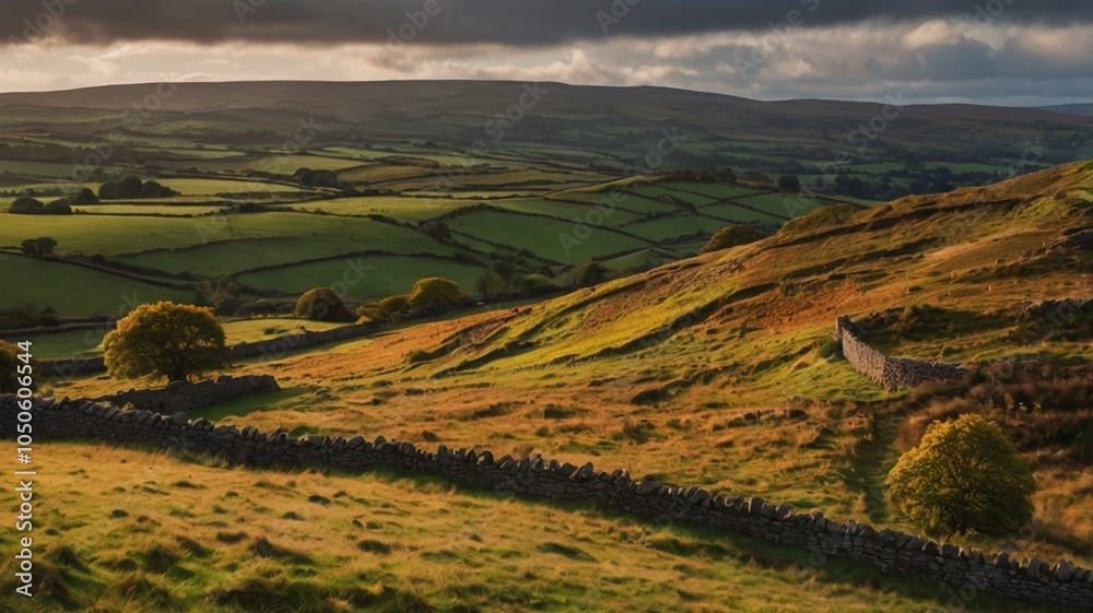 Fototapeta premium breathtaking landscape showcasing Ireland's lush, undulating hills, cloaked in vibrant autumnal golden hues. Ancient stone walls weave gracefully through fields adorned with wildflowers beneath a dram