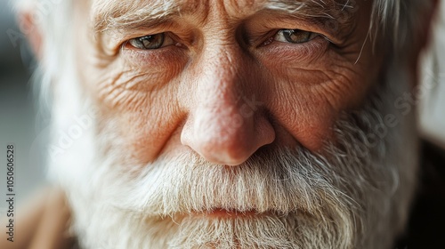 A close-up portrait of an elderly man with a thoughtful expression, emphasizing his weathered skin and full beard, reflecting wisdom and experience in a serene moment