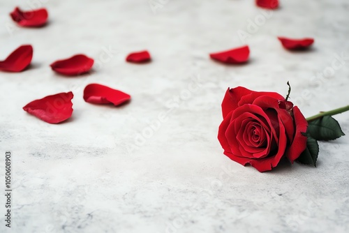 A beautiful red rose lying on a marble surface with scattered rose petals, symbolizing love and romance.