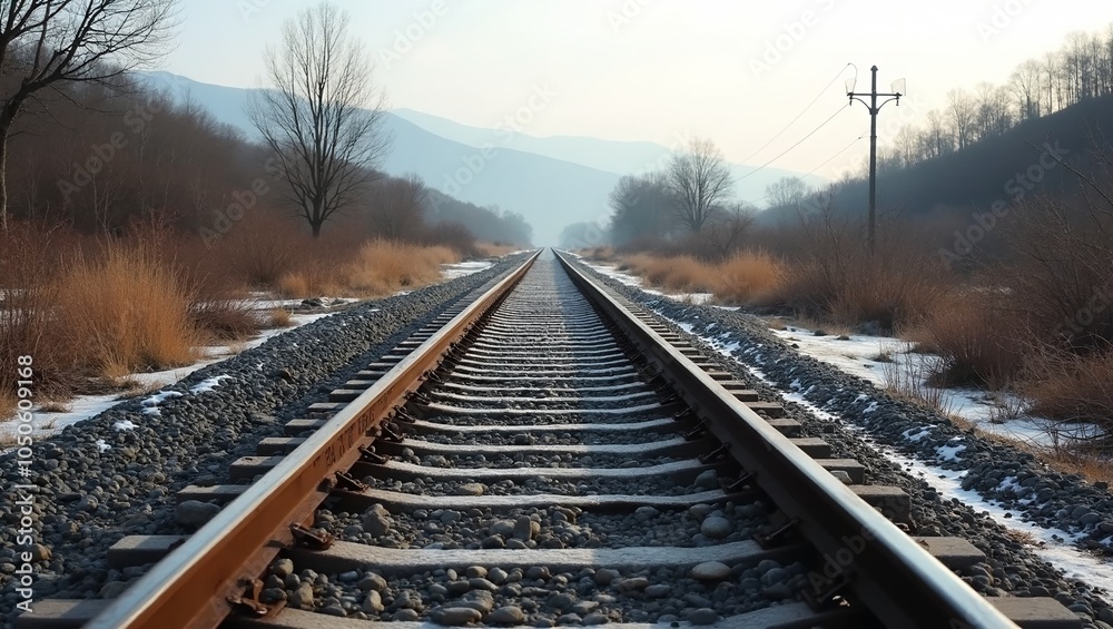 Fototapeta premium Rusty train tracks in winter landscape with barren hills and leafless trees