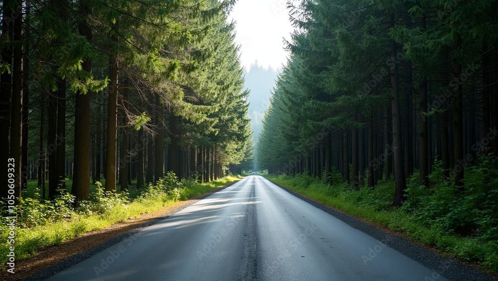 Serene forest road bordered by tall spruce trees under dappled sunlight Serene forest road bordered by tall spruce trees under dappled sunlight