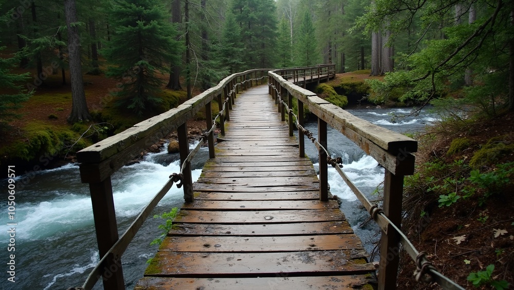 Obraz premium Rustic wooden footbridge over forest stream surrounded by lush greenery