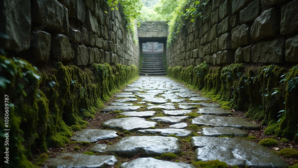 Obraz premium Mysterious pathway to ancient castle with moss covered stones and ivy walls