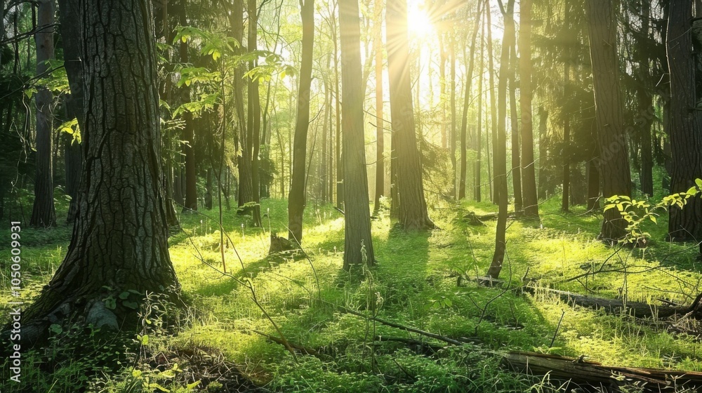 Obraz premium A tranquil forest clearing with sunlight filtering through tall trees, Nature setting with forest tranquility, Serene style