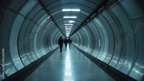Futuristic subway tunnel with LED lights and polished metal walls