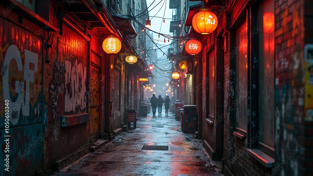 Fototapeta premium Urban alley with neon signs graffiti and steam