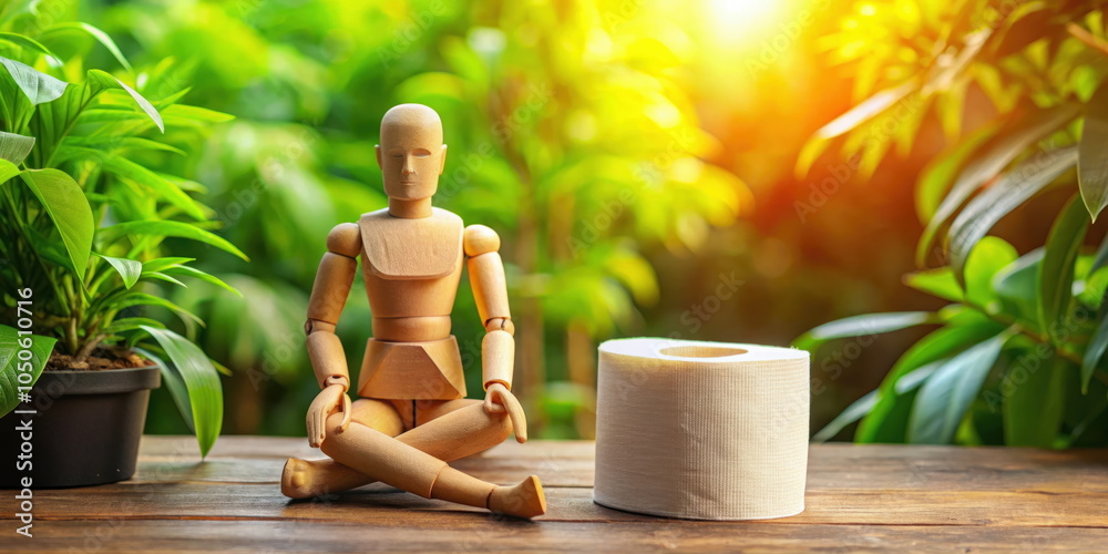 Wooden figurine meditating near toilet paper in nature