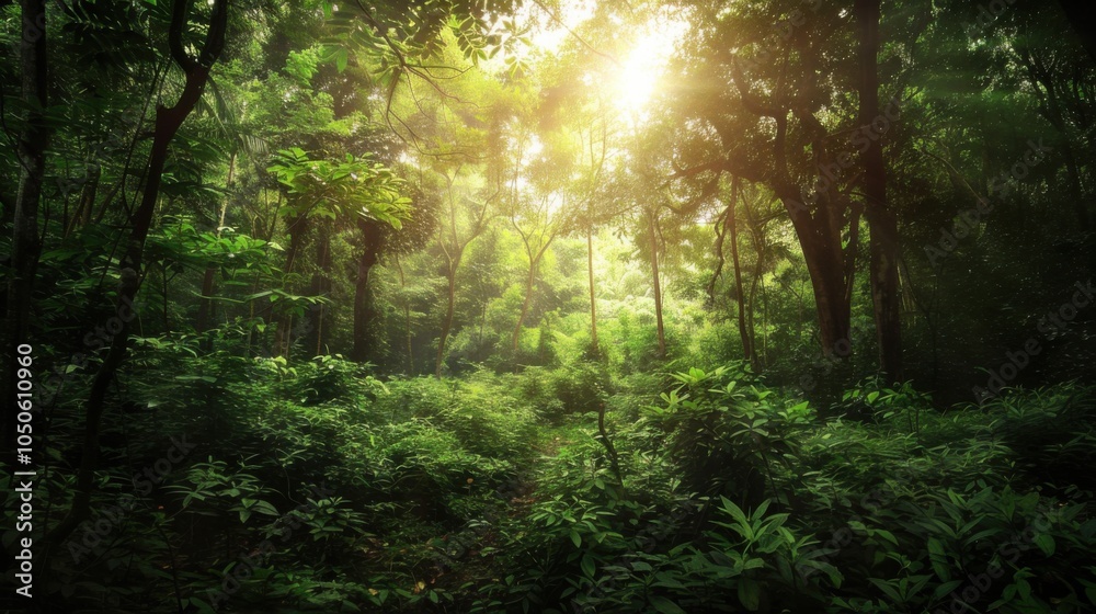 Fototapeta premium A tranquil forest glade with sunlight filtering through lush green foliage, Nature setting with forest tranquility, Serene style