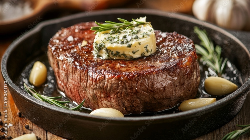 Juicy Steak with Herb Butter on Cast Iron Pan Juicy Steak with Herb Butter on Cast Iron Pan