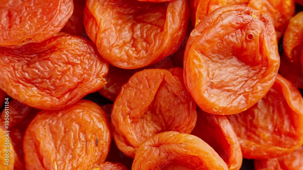 Dried apricots rotating. Organic ingredient for cooking. Top view. Pile of apricots. Tasty dried fruit. Production line. Slider dolly shot. Zoom out. Rich colors and textures. Close-up in 4K, UHD Dried apricots rotating. Organic ingredient for cooking. Top view. Pile of apricots. Tasty dried fruit. Production line. Slider dolly shot. Zoom out. Rich colors and textures. Close-up in 4K, UHD