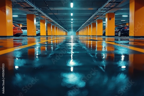 Spacious empty underground parking garage with clean lines and bright lighting, showcasing modern architecture