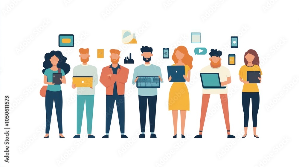 Obraz premium A diverse group of people are using various devices, representing the modern digital lifestyle.