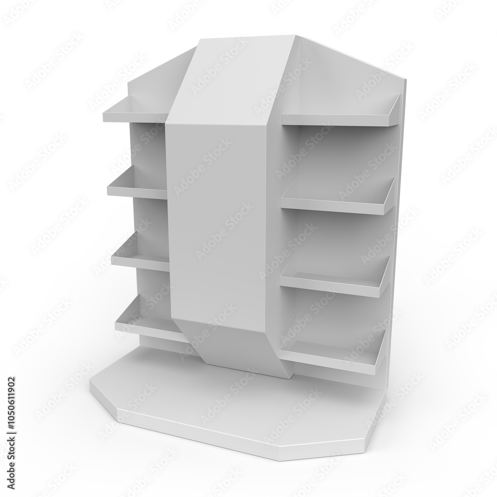 Supermarket Promotional Display Rack, Empty Product Display, PDQ Display Isolated on White Background, Floor Stand Display. 3D Rendered. Supermarket Promotional Display Rack, Empty Product Display, PDQ Display Isolated on White Background, Floor Stand Display. 3D Rendered.