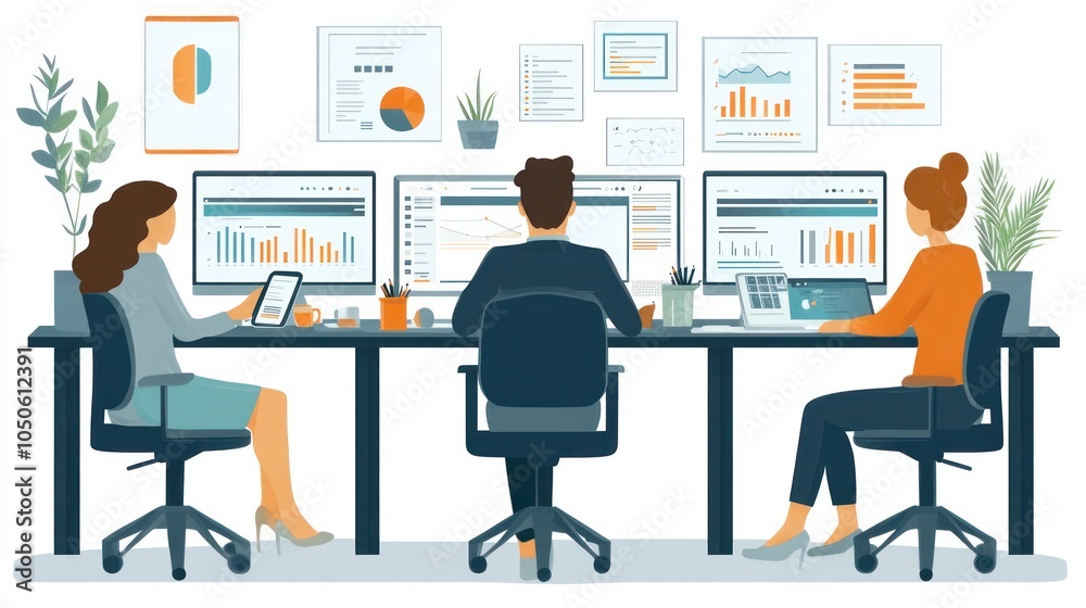 Three colleagues working at a desk, looking at computer screens and analyzing data. Three colleagues working at a desk, looking at computer screens and analyzing data.