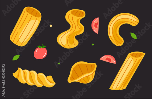 Different type of pasta noodles isolated set. Vector flat graphic design cartoon illustration