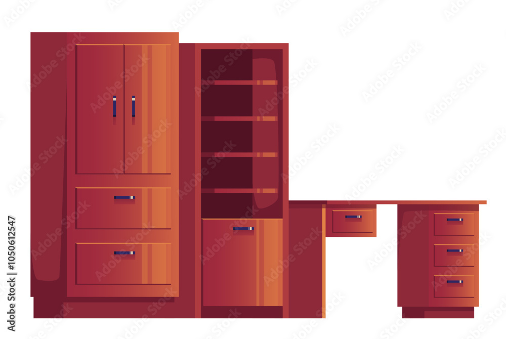 Closet wardrobe wood cupboard desk office home room cartoon furniture isolated set. Vector graphic design illustration Closet wardrobe wood cupboard desk office home room cartoon furniture isolated set. Vector graphic design illustration