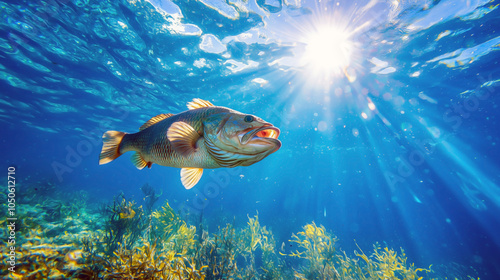 Underwater view of a large fish among aquatic plants.