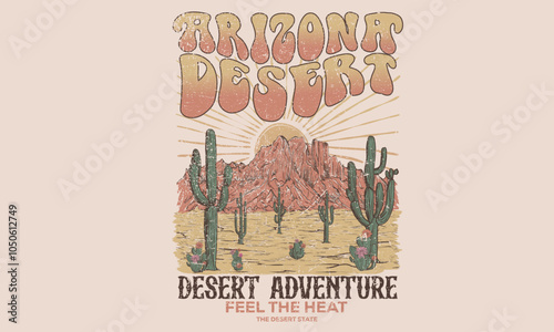 Cactus tree vector design. Sunshine artwork. Arizona vintage print design for t shirt. Desert vibes artwork design for sticker, poster, background, fashion and others. Mountain artwork.