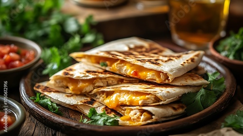 An elegant dining setup featuring mini chicken quesadilla slices with crispy tortillas and melted cheese, served on a ceramic platter, surrounded by fresh herbs, salsa, and a glass of margarita, photo