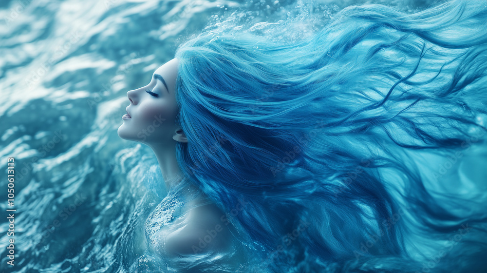 Serene Woman with Flowing Blue Hair in Ocean Waves. Serene Woman with Flowing Blue Hair in Ocean Waves.
