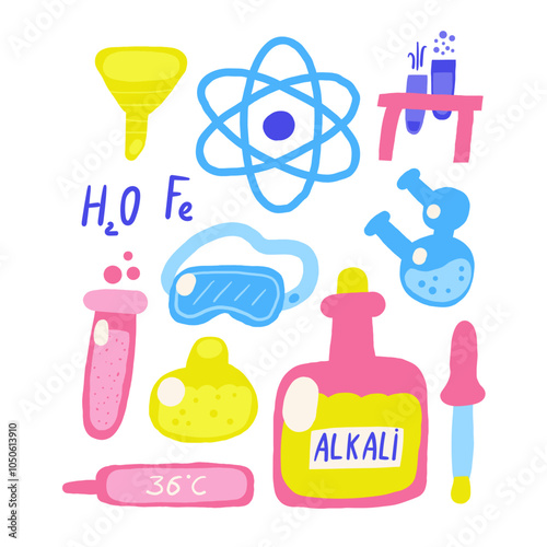 Cute science chemistry theme composition, postcard with funny hand drawn doodle acid, tube, flask, mask, glasses, dropper, formula, atom, firer, alkali, thermometer. School, science, education objects