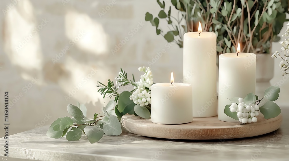 Minimalistic table with white candles, green garlands, cozy holiday setting Minimalistic table with white candles, green garlands, cozy holiday setting