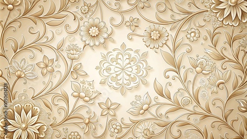 Intricate floral patterns on a elegant cream-colored background, paper textures, delicate patterns, vintage inspired, floral patterns, natural motifs