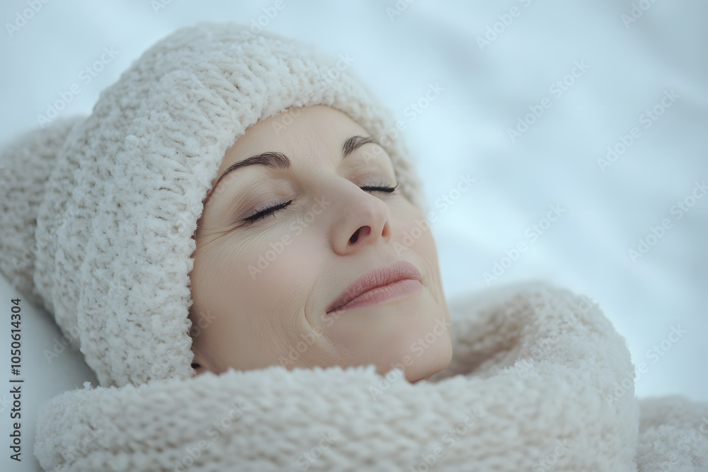 Obraz premium Mature adult caucasian woman in warm clothes relaxing and breathing fresh winter air