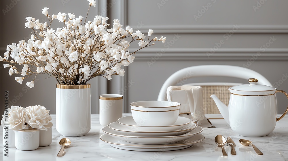Modern table with gold and white decor, festive accents, holiday elegance