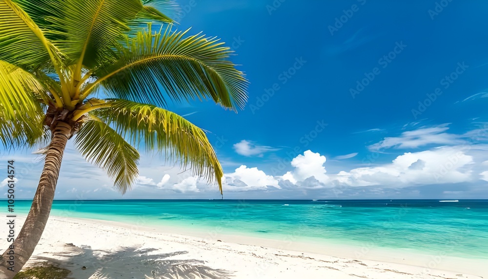 Fototapeta premium Tropical Paradise: A Palm-Fringed Beach Under a Clear Blue Sky