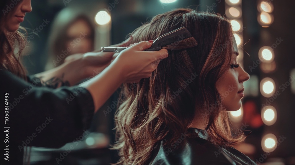 Fototapeta premium Hair stylist blow-drying a woman's wet hair in a salon, focus on beauty and hair care, indoor setting with natural lighting.