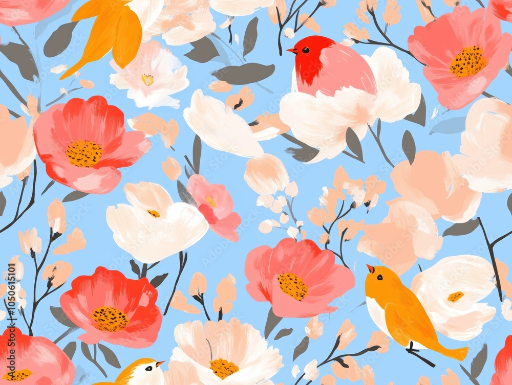 Seamless Oil Painting Botanical Pink Birds Pattern Texture Seamless Oil Painting Botanical Pink Birds Pattern Texture