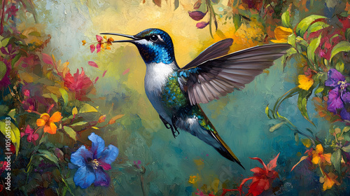 The Symbiotic Dance of a Bee Hummingbird and Tropical Blossoms in Their Ecosystem photo