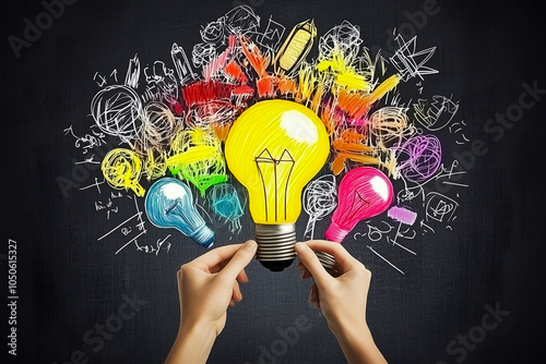 Hand drawing bulb on a black background, idea concept