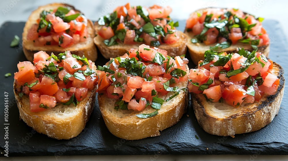 An overhead view of bruschetta, with toasted baguette slices topped with diced tomatoes, garlic, and basil, arranged in a circular pattern on a slate plate, An overhead view of bruschetta, with toasted baguette slices topped with diced tomatoes, garlic, and basil, arranged in a circular pattern on a slate plate,