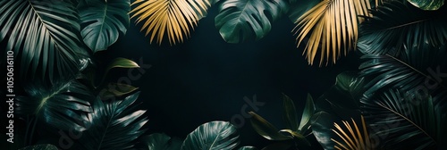 Tropical Jungle Leaves Background, Lush Green Foliage Texture with Copy Space for Design