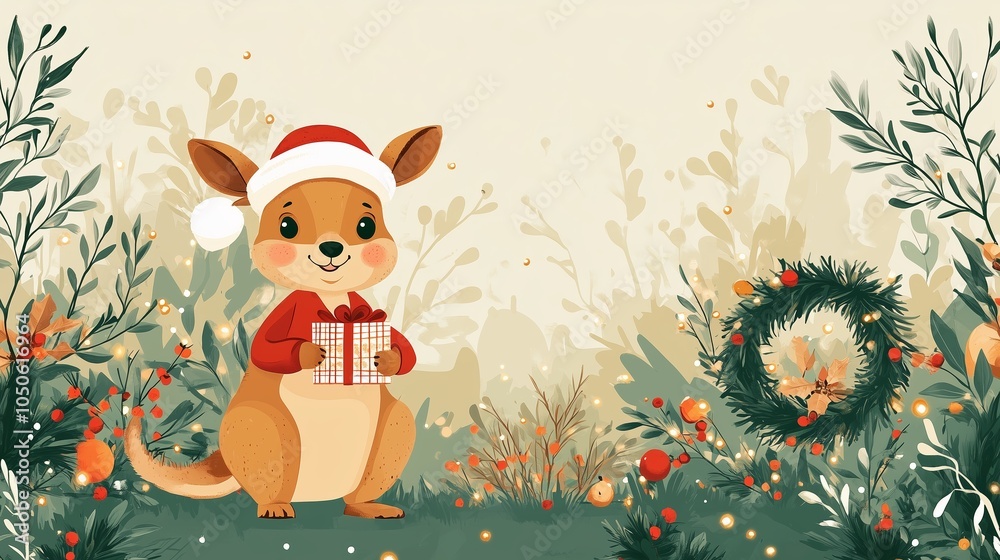 Naklejka premium Adorable illustration of a smiling kangaroo wearing a Santa hat and holding a Christmas present.