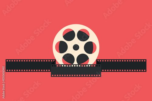 Film reel wrapped in movie filmstrip on red background. Retro cinema emblem. Vector illustration
