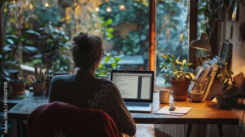 A person working remotely from a cozy home office, laptop and coffee on the desk, relaxed atmosphere