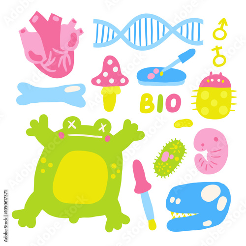 Cute science theme composition, postcard with funny hand drawn doodle biology, microbiology microscope, embryo, cell, skull, tube, bone, virus, bacteria, frog. School, science, education objects set