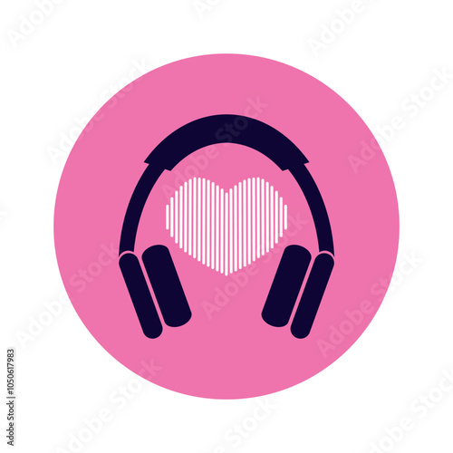 Headphones with sound wave in heart shape. Round music icon isolated on white background. Vector illustration