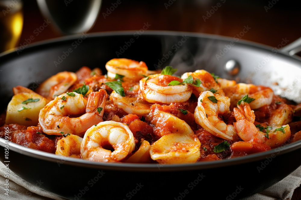 A Close-Up Shot Capturing The Steaming Seafood Marinara In A Skillet, Showcasing The Textures Of The Seafood Blending With The Tomato Sauce A Close-Up Shot Capturing The Steaming Seafood Marinara In A Skillet, Showcasing The Textures Of The Seafood Blending With The Tomato Sauce