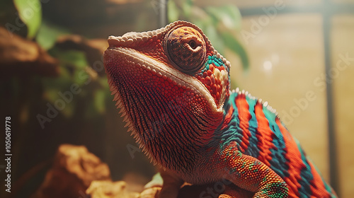 Intricacies of Color: A Close-Up View of the JacksonÆs Chameleon in its Lush Habitat photo