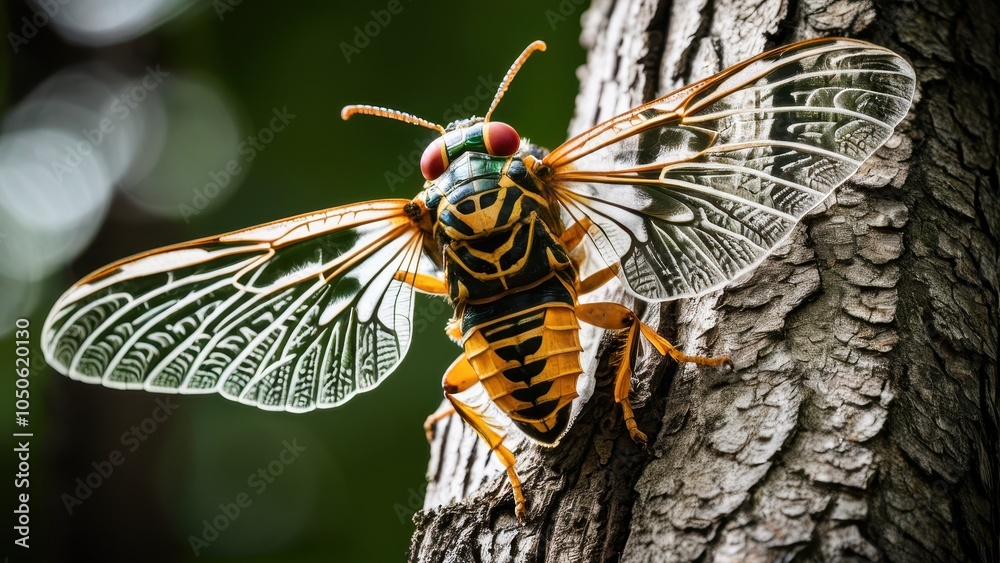 A stunning close-up of a chicharra, highlighting its transparent wings and rich colors. Perfect for nature lovers and insect enthusiasts alike! A stunning close-up of a chicharra, highlighting its transparent wings and rich colors. Perfect for nature lovers and insect enthusiasts alike!