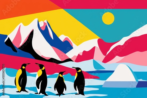 A vibrant pop art depiction of an Antarctic landscape featuring emperor penguins standing on ice, with colorful abstract mountains and a bright sun in the background photo