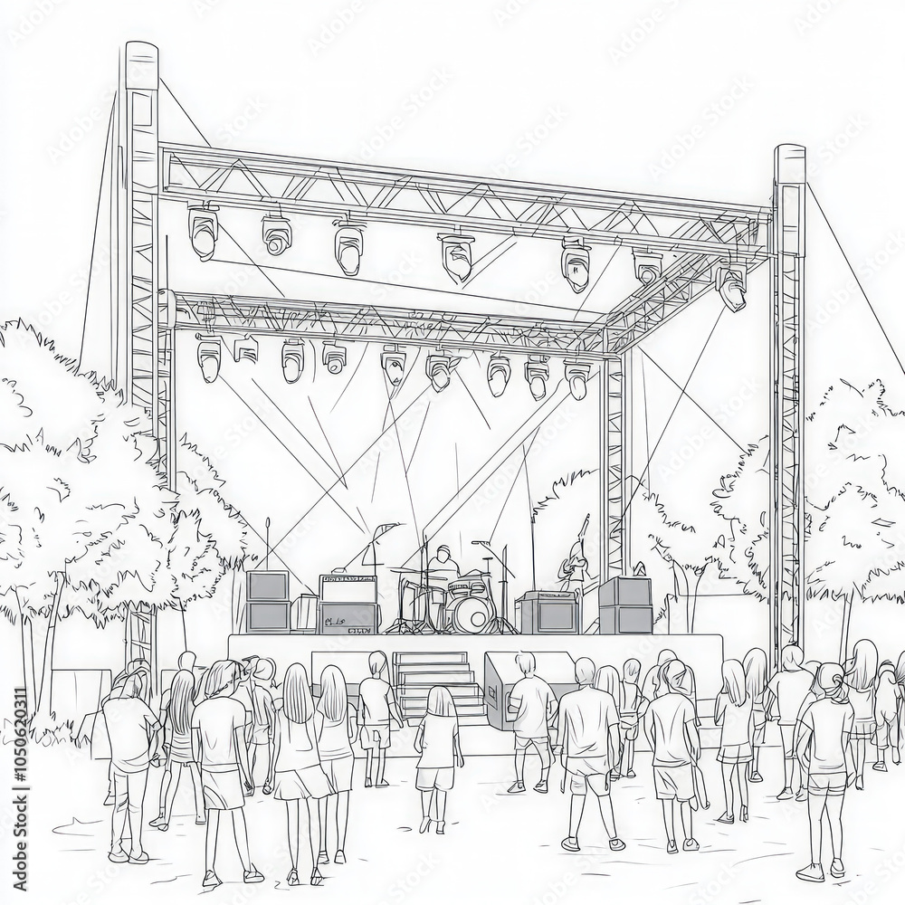 Fototapeta premium A vibrant music festival with bands playing, coloring page for kids, simple outline illustration. Coloring book, simple lines.