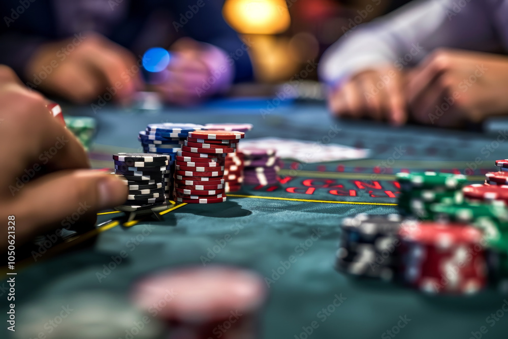 A group of players competes in a poker match at a casino table, focusing intently on their cards and colorful stacks of chips, creating a vibrant atmosphere filled with tension and strategy A group of players competes in a poker match at a casino table, focusing intently on their cards and colorful stacks of chips, creating a vibrant atmosphere filled with tension and strategy