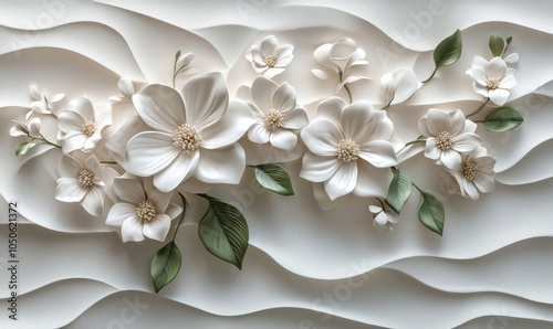 Abstract Floral 3D Tiles Wall Texture with Digital Flowers and Leaves Modern Artistic Design, Elegant Nature-Inspired Interior Decoration Ideal for Contemporary Home Decor and Aesthetic, Generative AI © Raool